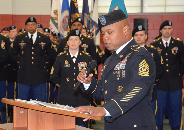 Command Sgt. Maj. Jerome Smalls speaks at the November 2017 ceremony in MacLaughlin Fitness Center here where he was welcomed as the Logistics Noncommissioned Officer Academy commandant. (File Photo)