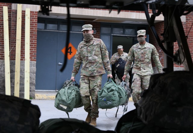 FORT DRUM, N.Y. - Soldiers assigned to the 510th Human Resources Company, 10th Mountain Division (LI) Sustainment Brigade, depart Fort Drum Apr. 9, 2020 to support COVID-19 response efforts in the Northeast region. The unit will field Theater Gateway Personnel Accountability Teams (TGPAT) to track and manage the administrative data for servicemembers involved in the COVID-19 response mission.