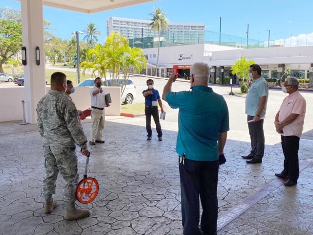 TUMON, GUAM (April 13, 2020) -- Engineering assessment teams from Naval Facilities Engineering Command (NAVFAC) Marianas and the Guam Air National Guard conduct a walkthrough of a hotel located in Tumon as part of the Hotel to Healthcare...