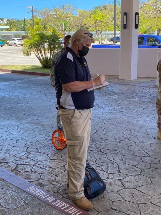 TUMON, GUAM (April 13, 2020) -- Engineering assessment teams from Naval Facilities Engineering Command (NAVFAC) Marianas and the Guam Air National Guard conduct a walkthrough of a hotel located in Tumon as part of the Hotel to Healthcare...