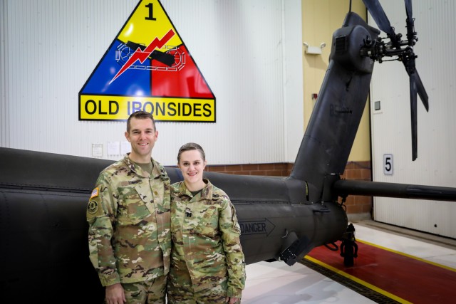 FORT BLISS, Texas - Maj. Nicholas Fiore, an armor officer and future operations planner for 1st Armored Division and his sister Capt. Carolyn Fiore, the commander for Troop D, 3rd Squadron, 6th Cavalry Regiment, 1AD Combat Aviation Brigade, pose...