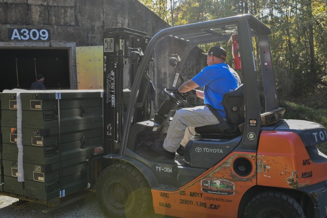 Keith Faulkner transitions munitions from one of the Anniston Munitions Center&#39;s storage igloos to another. At one time, these internal movements were only tracked at the ANMC level, now, with the Sustainment Readiness Model, they are tracked throughout the enterprise. 