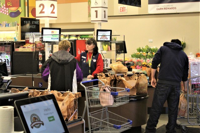 A customer goes through the checkout lane April 3, 2020, at the Fort McCoy Commissary at Fort McCoy, Wis. Since the installation’s response to the COVID-19 pandemic began in March 2020, the Fort McCoy Commissary staff continued to take steps to...