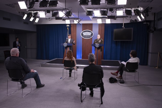 Secretary of Defense Dr. Mark T. Esper and Chairman of the Joint Chiefs of Staff Gen. Mark A. Milley host a Press Briefing on DOD support to COVID-19 response in the Pentagon Briefing Room April 14, 2020.