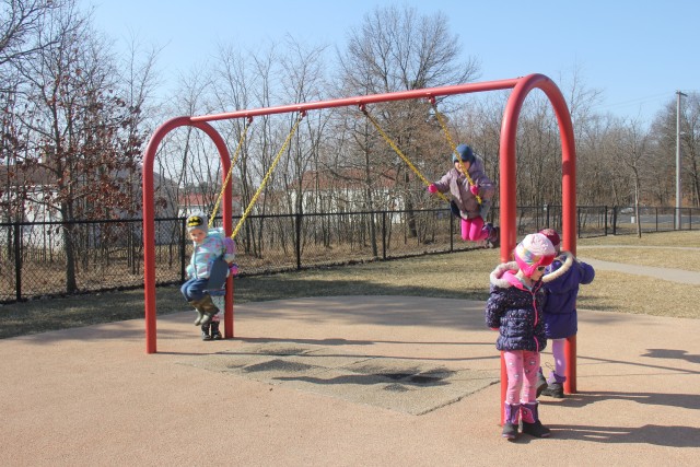 Students at the Child Development Center (CDC) play outside March 17, 2020, at Fort McCoy, Wis. The CDC is Department of Defense certified and nationally accredited. (U.S. Army photo by Aimee Malone, Public Affairs Office, Fort McCoy, Wis.)