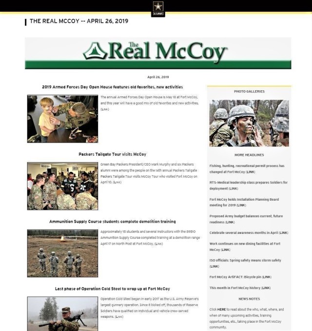 This screen shot, taken March 6, 2020, shows a peek at the April 26, 2019, edition of The Real McCoy Online at the Fort McCoy, Wis. web site. This specific online edition won a second-place award in the 2019 Army Installation Management Command...