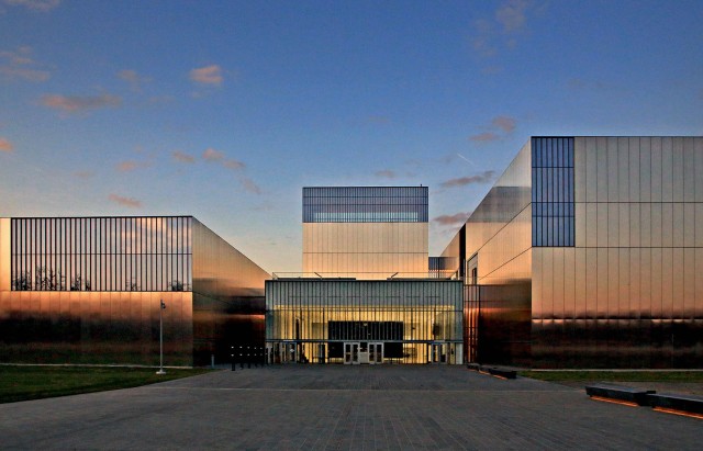The front entrance of the National Museum of the United States Army at twilight. 