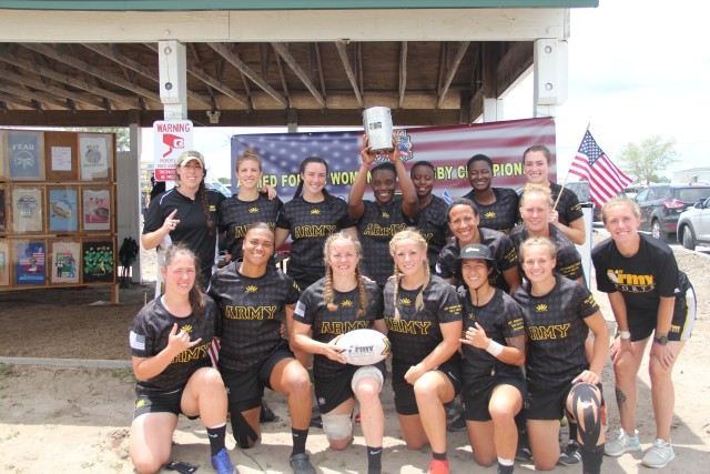 The All Army Women's Rugby Team led by U.S. Army Soldier Athlete of the Year, Staff Sgt. Erica Myers poses for a team photo following their championship run at the the inaugural Armed Forces Women’s Rugby 7’s Championship, July 7, 2019 at Wilmington, North Carolina.  Myers serves as an Operations Advisor with the 5th Security Force Assistance Brigade, Joint Base Lewis McChord, Washington.