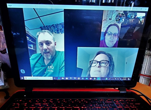 This graphic illustration April 14, 2020, depicts Army employees from Fort McCoy, Wis., holding a video teleconference as part of teleworking during the COVID-19 pandemic response.