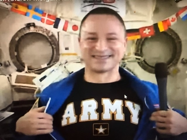 Army physician Col. Andrew Morgan was one of two members of the NASA astronaut class of 2013 that went into space in July 2019.  Morgan is part of the Army Astronaut Detachment; the detachment supports NASA with flight engineers. In late February, Army Recruiting Command partnered with NASA to host the first nationwide oath of enlistment from the International Space Station.  Morgan administered the oath on a live broadcast to more than 800 future soldiers at multiple locations across the country and answered questions from participating schools.  Morgan told the recruits, “I am a soldier first — on the ultimate high ground.”  (NASA photo)