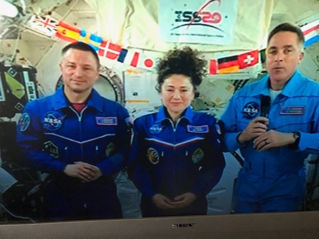 On April 10, Army physician Col. Andrew Morgan (left) participates in a press conference from the International Space Station.  Joining him were Jessica Meir (center) and Chris Cassidy (right).  Morgan said, speaking of all the medical personnel on Earth responding to the COVID-19 virus: “As an emergency physician, I understand what it is like to be at the doorway of a field hospital on the front lines of combat and that is exactly the situation that physicians and first responders are finding themselves in across the globe right now.  I’m very proud to be part of that profession.” (NASA photo)
