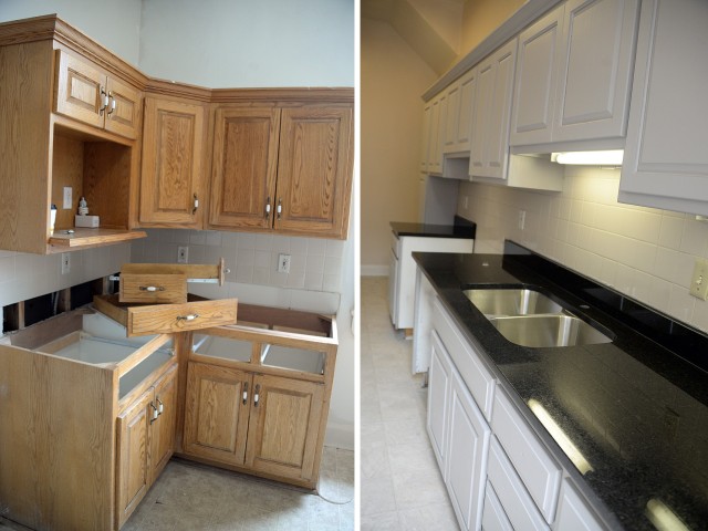 BEFORE and AFTER: Infantry Barracks quarters are currently undergoing renovations, of which the "before" look of wood cabinets is seen here in one of the kitchens undergoing renovation and the "after" look of painted cabinets and new countertops is shown after the renovation in a different unit March 26. The kitchen cabinets are being painted and the countertops are being replaced. Other repairs and upgrades are being made in the other rooms of the units as well. Photos by Prudence Siebert/Fort Leavenworth Lamp