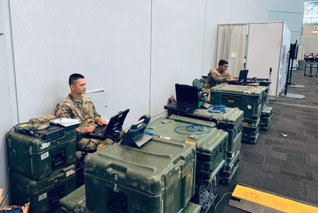 The 63rd Expeditionary Signal Battalion (ESB) is supporting U. S. Army North (Fifth Army) in response to the COVID-19 pandemic by providing reliable communications for medical units, logistical units, and headquarters staff. These missions are part of Defense Support of Civilian Authorities (DSCA). Teams are actively providing support to medical units at the Jacob Javits Convention Center in New York City and have postured at Joint-Base McGuire-Dix-Lakehurst, N.J. and Anderson S.C. for follow on missions. (U.S. Army photo by 63rd ESB)