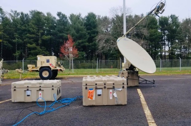 The 63rd Expeditionary Signal Battalion (ESB) is supporting U. S. Army North (Fifth Army) in response to the COVID-19 pandemic by providing reliable communications for medical units, logistical units, and headquarters staff. One of the 63rd ESB’s Secure Internet Protocol Router/Non-Secure Internet Protocol Router (SIPR/NIPR) Access Point (SNAP) ground satellite terminals is seen here.   