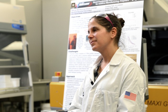 Nicole Zander, a chemist at the Army Research Laboratory, explains how the lab creates filaments for 3d printing with recycled plastics at Aberdeen Proving Ground in Maryland Feb. 10, 2020. 