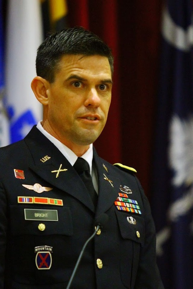 Guest speaker Lt. Col. Aaron Bright, chief of the FCoE Directorate of Training Development and Doctrine’s Operational Training Division, gives BCT graduates advice that will guide them in their Army careers and in life April 17, 2020, at Cache...