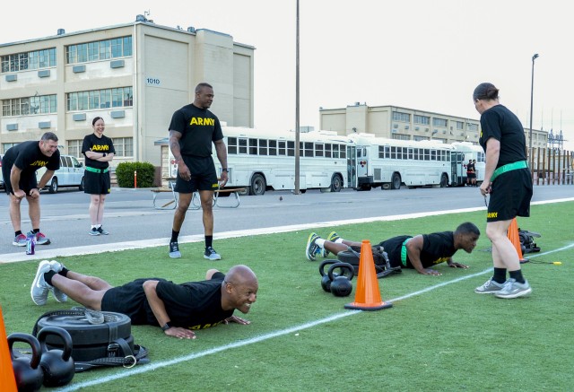 Picture previously taken- Commandants from across the Army NCO Academy’s received an in-depth and hands-on demonstration of the Army Combat Fitness Test with the Fort Bliss NCO Academy cadre, while attending the Commandants Training Council, April 16, 2019. Pictured bottom left- Command Sgt. Maj. Jimmy Sellers, NCOLCoE commandant and pictured bottom right- Command Sgt. Maj. Patrick Kelly.
