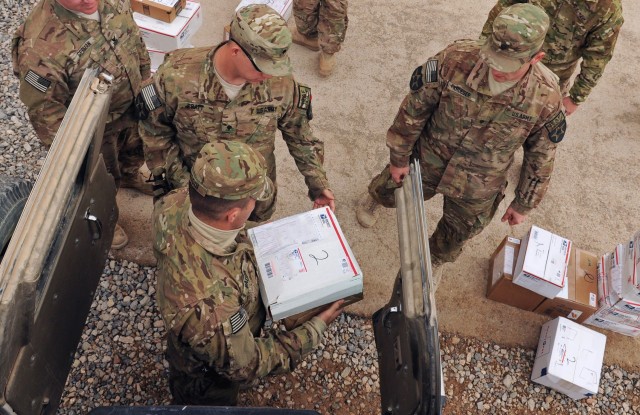 Soldiers and Sailors assigned to Provincial Reconstruction Team Farah, unload care packages and Christmas gifts during mail call on FOB Farah, Dec. 15, 2019. Soldiers are reminded to abide by Department of Defense guidelines on receiving gifts...