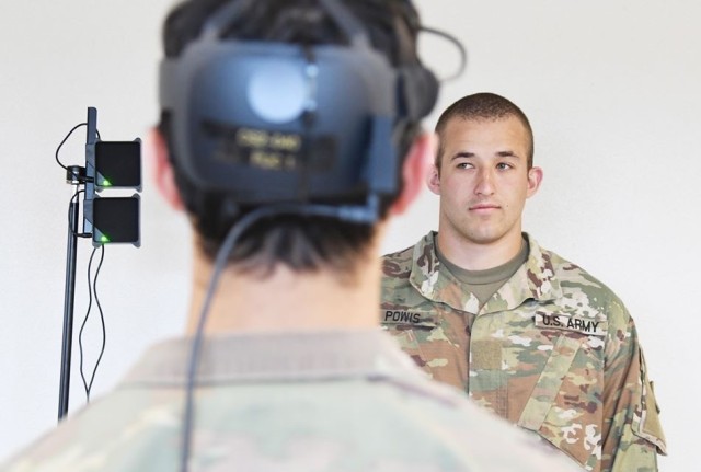 The temperature of a Soldier training at Fort Benning, Ga., is taken by a sensor in a modified version of the Integrated Visual Augmentation System, known as IVAS googles.