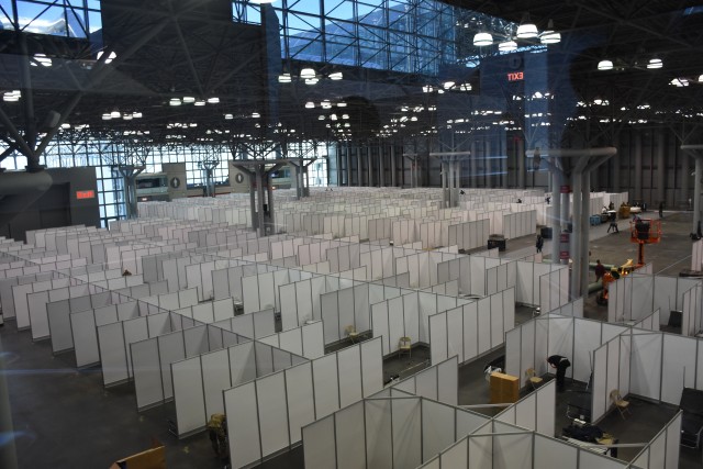 An aerial view of patient care units under construction inside the Jacob K. Javits Convention Center in New York City. 