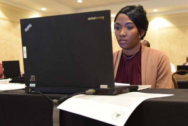 Louisiana National Guard Spc. Kayla Lagarde studies on her computer during a free training for certification in IBM’s i2 Notebook in Baton Rouge, La., Nov. 15, 2017. The LANG’s Pelican Employment Network, in partnership with IBM and nonprofit Corporate America Supports You, hosted the training, which is valued at over $2,000. 