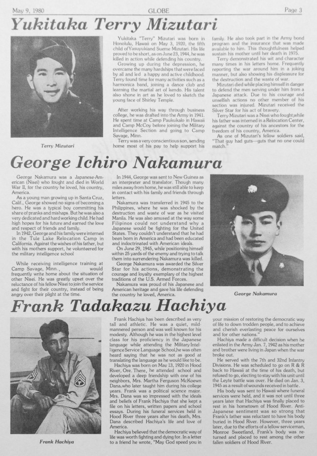 A newspaper honoring George Nakamura, Frank Hachiya and Yukitaka Mizutari, three WWII linguists who died during the Pacific campaign and were posthumously awarded the Silver Star. The men had three neighboring buildings memorialized in tribute to...