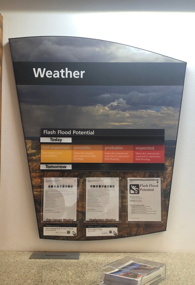 A color-coded Flash Flood Potential warning system is seen inside the visitor’s center of Zion National Park.