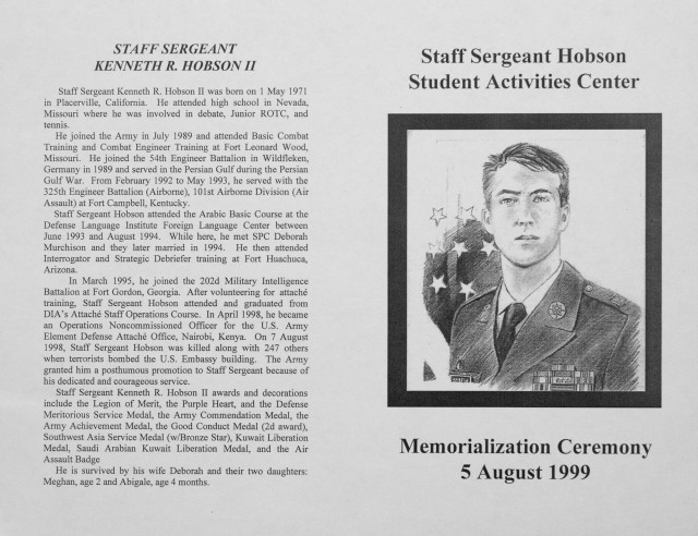 A section of the handout for the memorialization of Staff Sgt. Kenneth R. Hobson II.