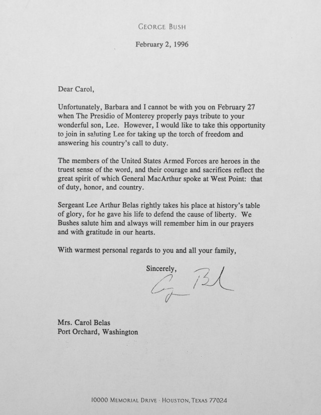 A letter from former U.S. President George H. W. Bush to Carol Belas, whose son Lee was memorialzied on the Presidio of Monterey.