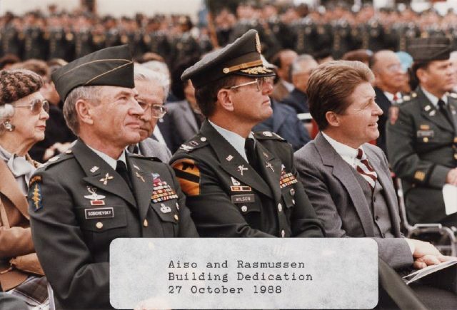 The assembled crowd at the memorialization of the Aiso Libra ray and Rasmussen Hall on the Presidio of Monterey, Octorber 27, 1988.