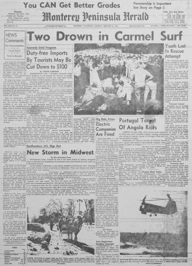 A historic copy of the Monterey Peninsula Herald with a front page article featuring Pfc. Robert E. Lewis who died tragically while trying to save a swimmer in distress off the coast of Carmel, California.