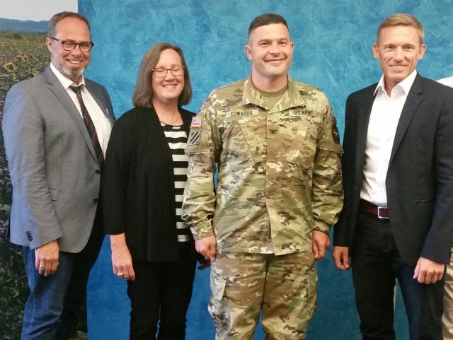 From left, Kaiserslautern’s Deputy County Commissioner and COVID-19 Crisis Response Lead Peter Schmidt, County Emergency Preparedness Manager Gudrun Hess-Schmidt, U.S. Army Garrison Rheinland-Pfalz Commander Col. Jason Edwards, and County...