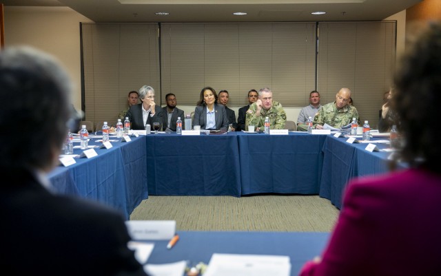 Gen. John M. Murray, commander of Army Futures Command (second from right), met with Heather Wilson, the president of the University of Texas at El Paso (left), U.S. Rep. Veronica Escobar (second from left) and Brig. Gen. Johnny K. Davis, commander of the Army Joint Modernization Command (right), December 16, 2019, on the UTEP campus in El Paso, Texas.