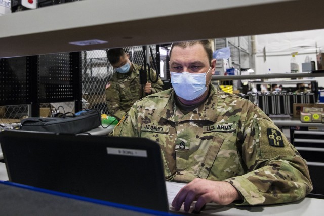 Army Sgt. 1st Class George Hummel, a biomedical equipment specialist with the 807th Medical Command, inputs data while conducting preventive maintenance and repairs on medical equipment at the Medical Equipment Concentration Site for the 88th Readiness Division in Ogden, Utah, April 17, 2020. Soldiers and civilians working and volunteering at MECS 88 maintain and repair medical equipment in preparation to deploy it in support of Army Reserve medical units responding to the COVID-19 pandemic. (U.S. Army Reserve photo by Sgt. Jeremiah Woods)