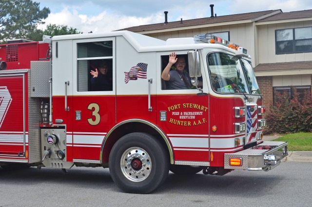 Fire fighters with the Fort Stewart Fire Department wish a military child a happy birthday on Fort Stewart, Georgia, April 17, 2020. The Fort Stewart and Hunter Army Airfield Fire Emergency Services have been carrying out birthday shout outs...
