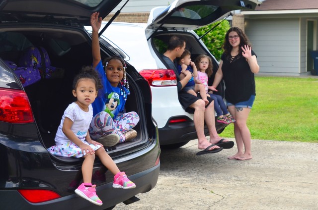 Soldiers and their Families gather outside to see the Fort Stewart Fire Department do a birthday shout out on Fort Stewart, Georgia, April 17, 2020. The Fort Stewart and Hunter Army Airfield Fire Emergency Services carry out birthday shout outs...