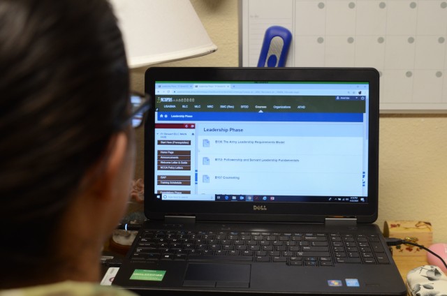 Spc. Ariel Ide, a human resources specialist assigned to Signal Intelligence Sustainment Company, Headquarters and Headquarters Battalion, 3rd Infantry Division, works on an assignment for the Basic Leader Course on Fort Stewart, Georgia, April 23, 2020. The Fort Stewart Noncommissioned Officer Academy recently transitioned BLC from a resident course to a virtual course due to the COVID-19 pandemic. (U.S. Army photo by Sgt. Zoe Garbarino)