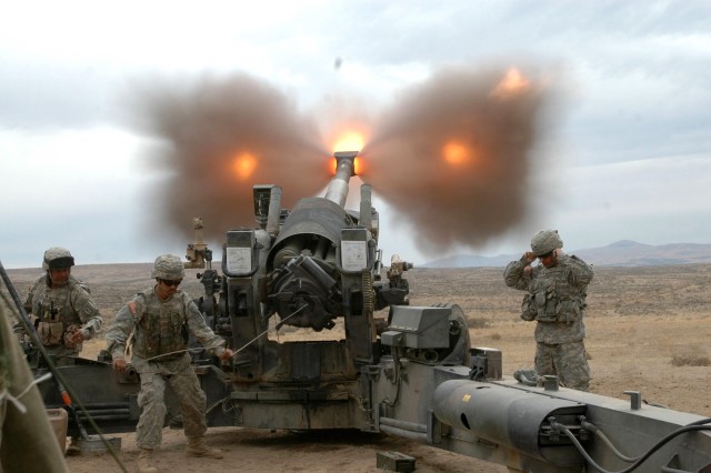 Soldiers with Charlie Battery, 1-377 FA fire an M198, 155mm howitzer during a recent combined live-fire exercise. 