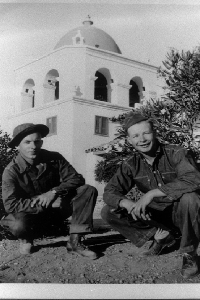 Soldiers from the 18th Division Engineers pose in front of the Hacienda in 1941.  Listed on the National Register of Historic Places, the Hacienda was originally a ranch house built in 1930 by William Randolph Hearst, and later served as the Army’s headquarters during World War II. Today, the Army operates it as a hotel and is in the process of renovating the historical bar lounge for public use.