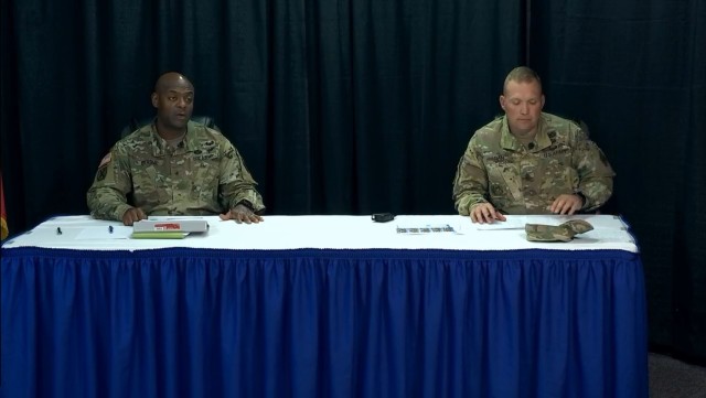 Brig. Gen. Milford H. ‘Beags’ Beagle Jr., Fort Jackson commander, left, and Command Sgt. Maj. Jeremiah Gan, the installation command sergeant major, speak to audience members during the CG’s Virtual Community Town Hall on Special Topics...