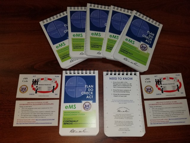 Example of eMS awareness materials distributed to Soldiers at annual training events. These quick cards and notepads contain the key information that all Soldiers need to know about the AR ARNG eMS program.