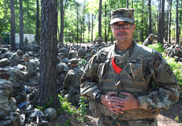 Sgt. Michael Murray, 51, assigned to 2nd Battalion, 39th Infantry Regiment, takes a break from training. Murray recently turned in a commission to enlist as an Explosive Ordnance Disposal Specialist.