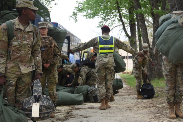 The Army aims to soon resume collective training and hold a ceremony for graduating West Point cadets, after the recent success of measures safeguarding new recruits at training centers, such as physical distancing seen in this photo of trainees at Fort Lee, Va., March 31, 2020. 