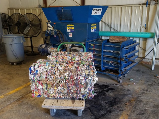 A view of RMTC’s aluminum can crusher and bailer.  In 2018, ARARNG recycled over 820,000 pounds of scrap metal and over 113,000 pounds of brass.  Diversion rates continue to increase.
