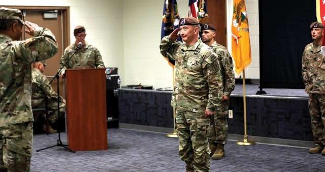 FORT CARSON, Colo. — Col. James Dooghan, commander, 4th Security Force Assistance Brigade, salutes Gen. Michael Garrett, commander, U.S. Army Forces Command, at the conclusion of their activation ceremony April 28, 2020. The ceremony was...