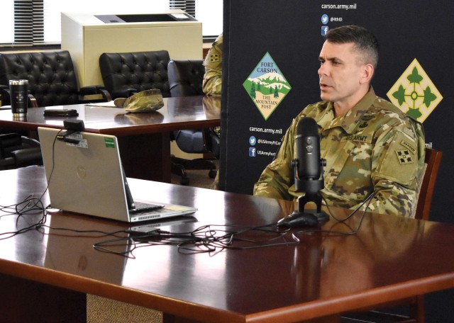 FORT CARSON, Colo. — Maj. Gen. Matthew W. McFarlane, commanding general, 4th Infantry Division and Fort Carson, addresses Soldiers and Families during a Facebook live town hall April 22, 2020, at the U.S. Army Garrison-Fort Carson headquarters...