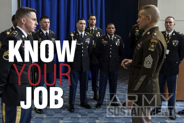 Sgt. Maj. of the Army Michael A. Grinston speaks with awardees of the Army&#39;s new Expert Soldier Badge (ESB) during the Eisenhower Luncheon at the Association of the U.S. Army Annual Meeting and Exposition, Oct. 15, 2019. (Photo by Staff Sgt. Kris Bonet)