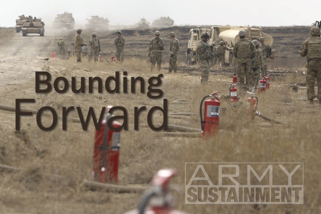 The 296th Composite Supply Company (CSC), 553rd Combat Sustainment Support Battalion, 1st Cavalry Division Sustainment Brigade, conducts a Refuel on the Move (ROM) to support 2nd Armored Brigade Combat Team during Pegasus Forge IV training...