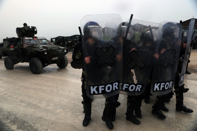 Turkish Maneuver Company personnel conduct crowd and riot control training May 2, 2020, at Camp Bondsteel, Kosovo.
...