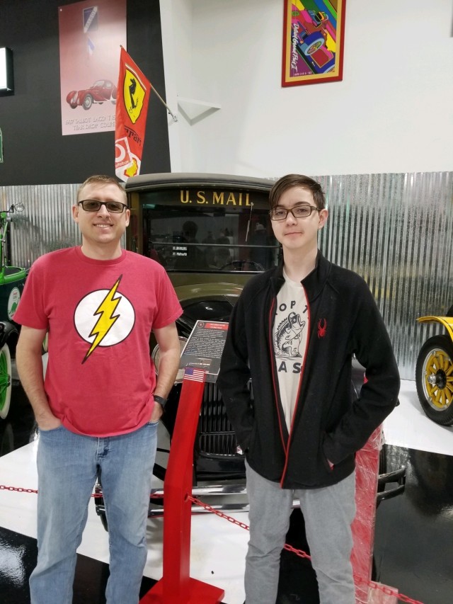 Picture Previously Taken and provided by Master Sgt. Harrison Helms- Master Sgt. Harrison Helms a student with the Sergeants Major Academy Class 70 and a Big Brother Big Sister mentor stands with his mentee Cole at the Globo Rojo Auto Club Museum in El Paso, February 23.